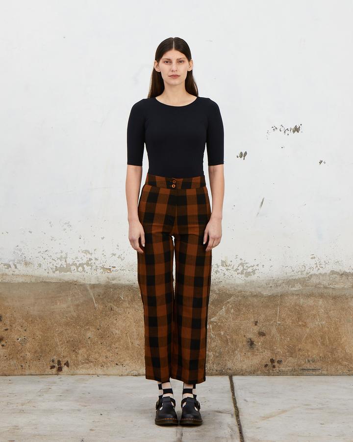 Silk Fly Front Pant in Copper Plaid