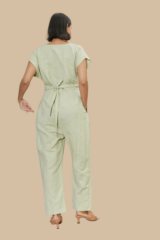 Venus Wrap Jumpsuit in Mint Cotton Linen