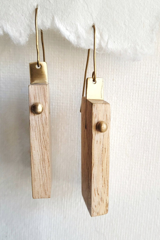 Wood Cut Brass Hook Earrings