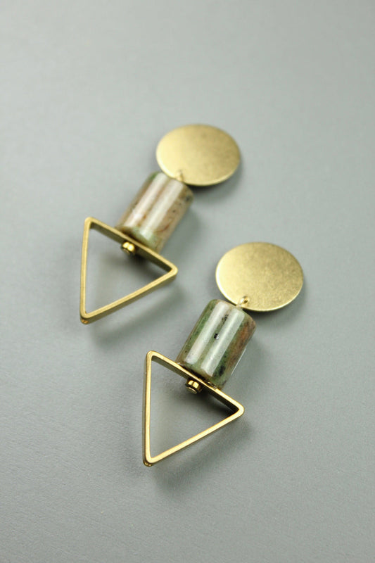 Jasper and Brass Triangle Earrings