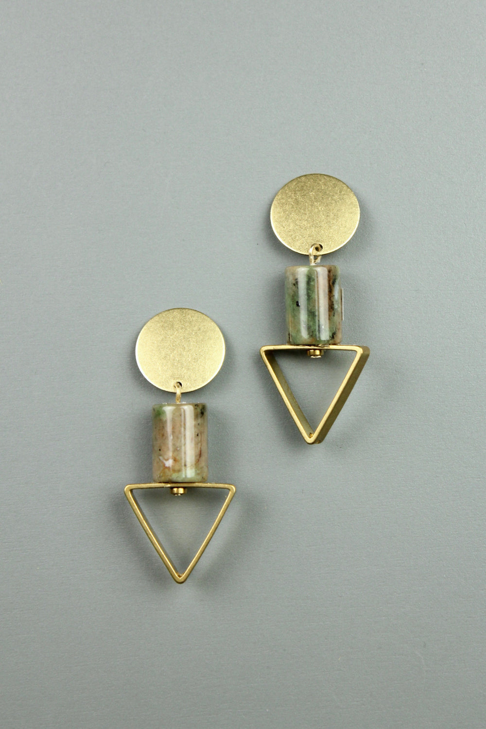 Jasper and Brass Triangle Earrings