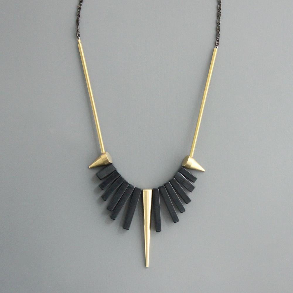 Black Agate and Brass Spike Necklace