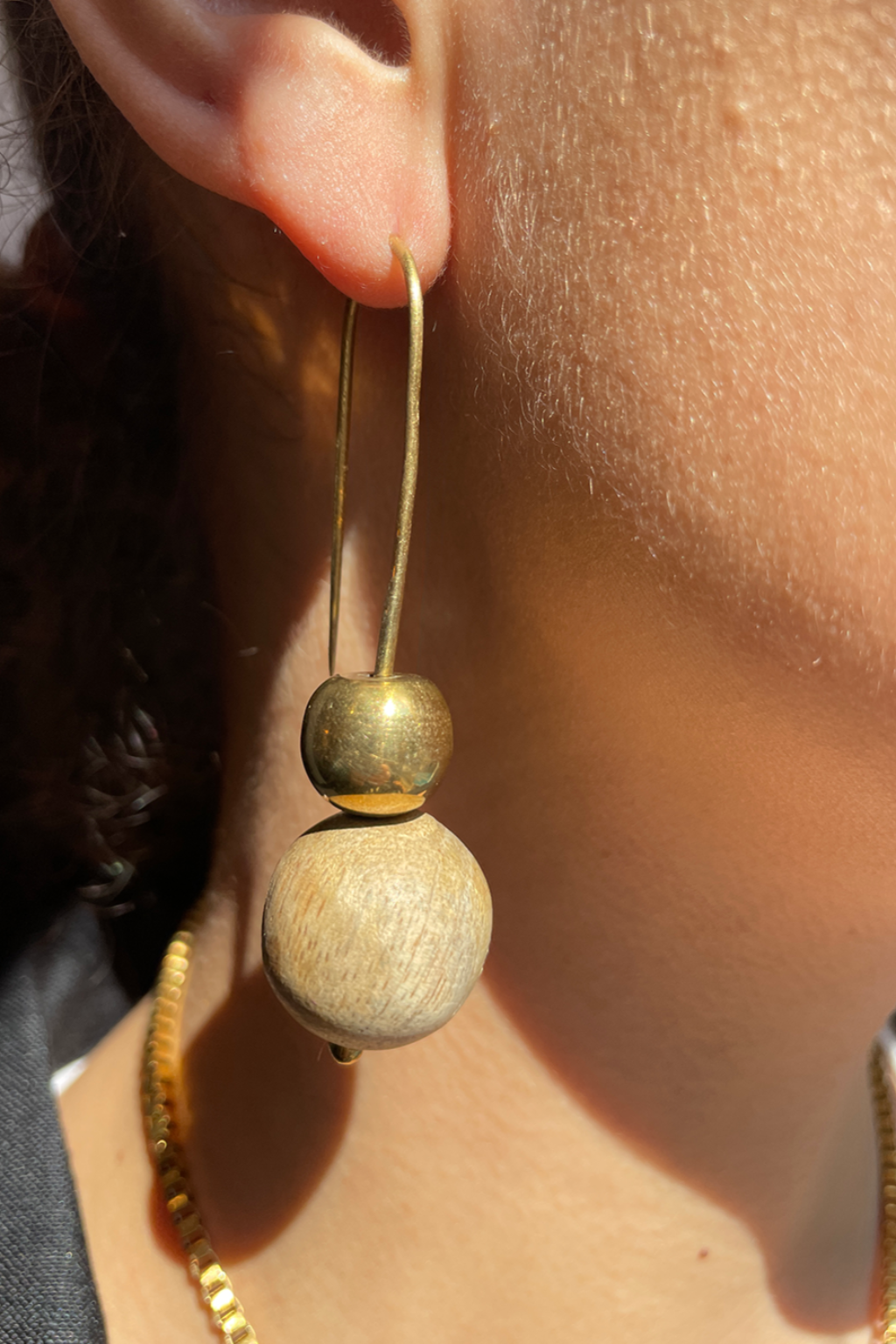 Brass and Wood Hook Earrings