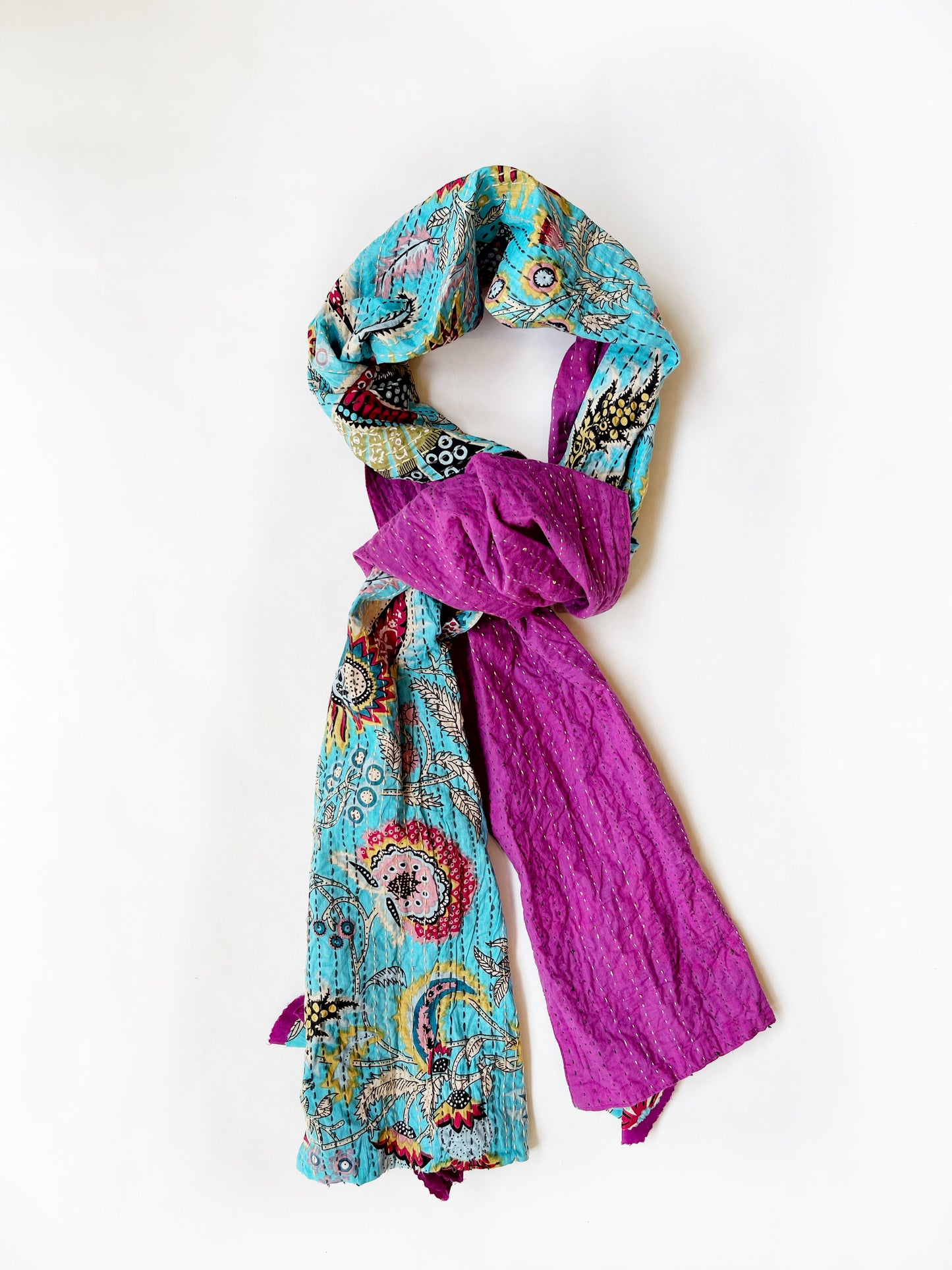 Kantha Reversible Scarf, Turquoise Floral