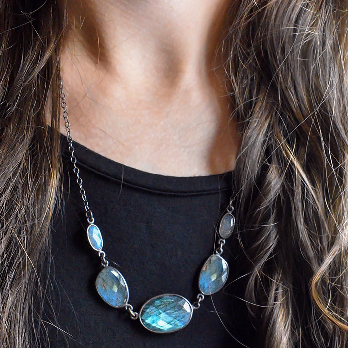 Faceted Stone and Chain Necklace Labradorite