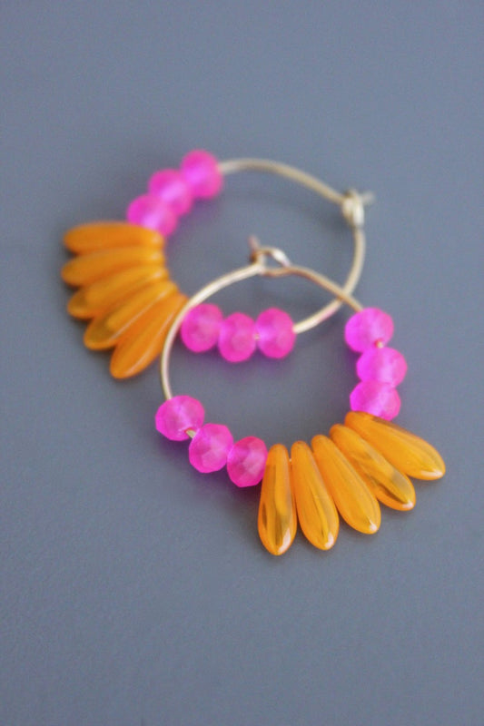 Pink and Orange Neon Bead Hoops